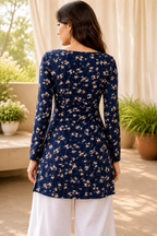 Navy Blue Full-Sleeve Leaf Print Kurti