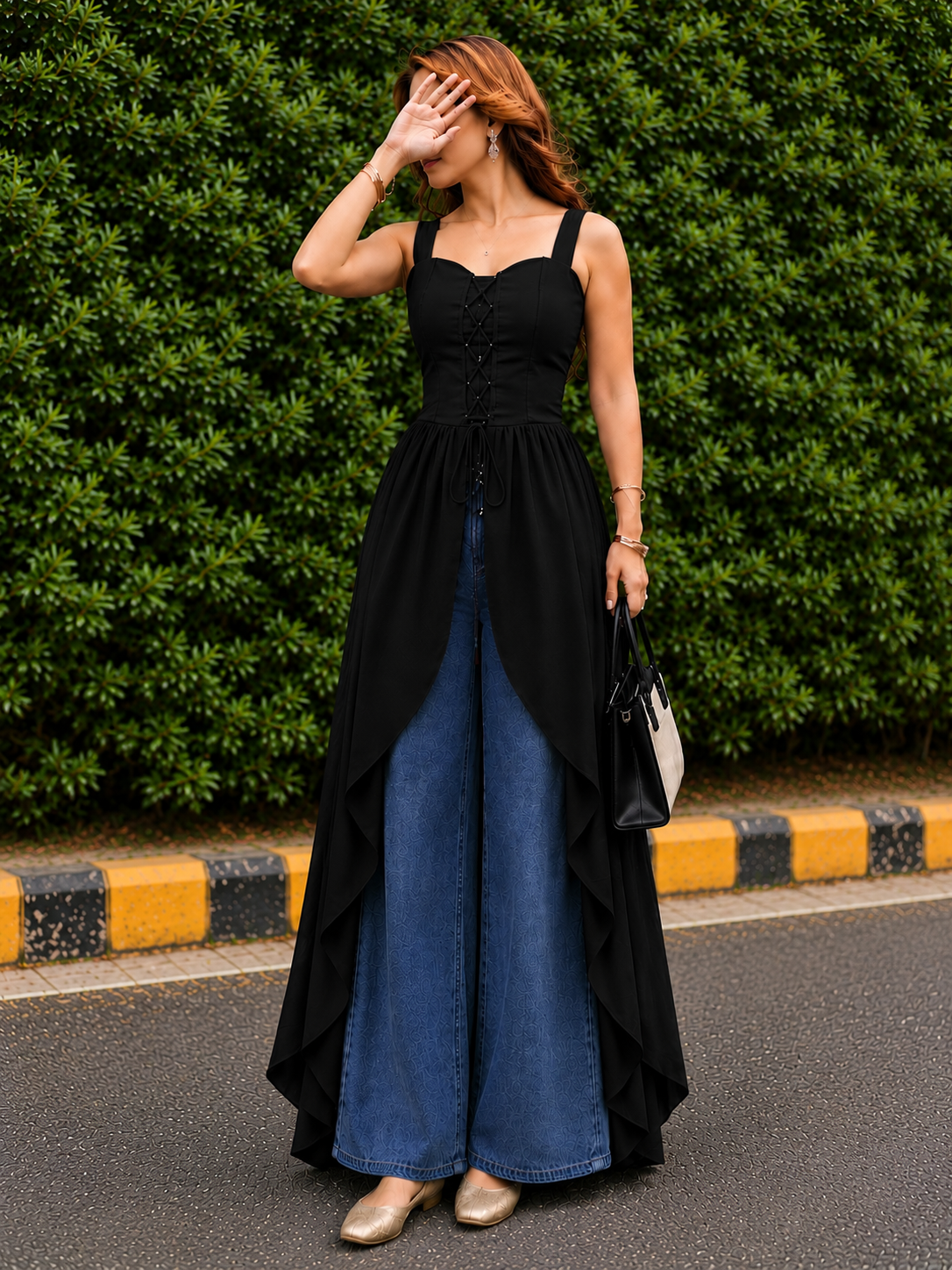 Trending Solid Lace-Up Corset Overlay Kurti with corset back and front