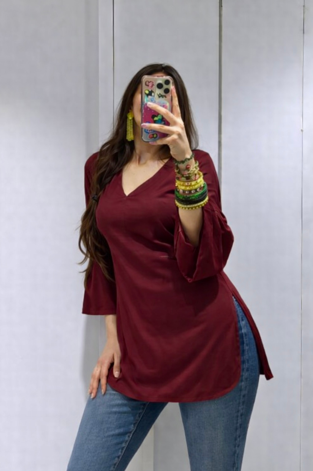 Trending Dark Maroon V Neck Kurti with Bell sleeves