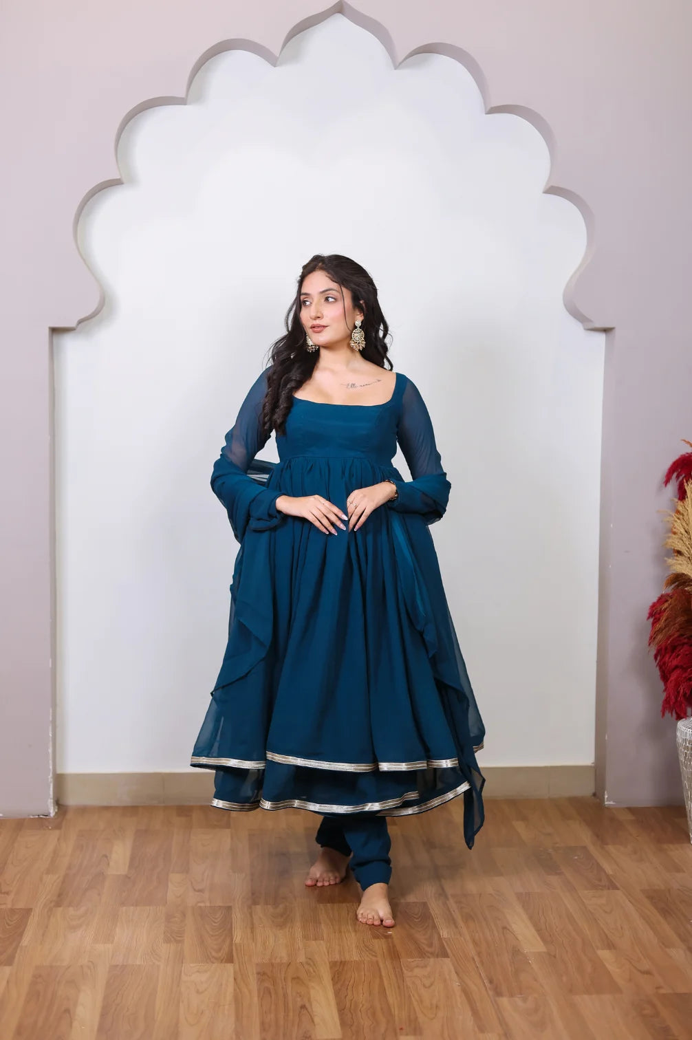 Heavy Flair Dark Turquoise Blue Anarkali With Churidar Salwar And Dupatta