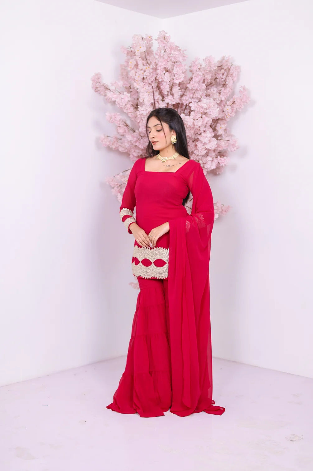 Dark Pink Heavy Flair Sarara Set With Short Kurti And Duppata