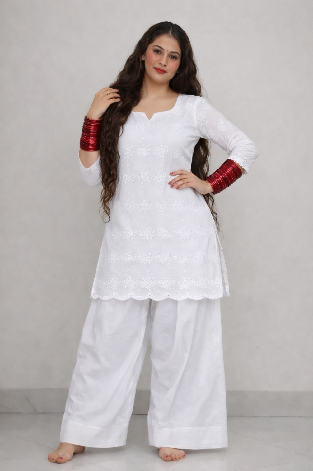 Trending White Chikankari Pure Cotton Kurta With Cotton Farshi Salwar