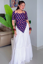 Pure Cotton Hand Block Buti  Print (Ajrakh inspired) Halter Neck Kurti With Corset back and White Heavy Flair Skirt