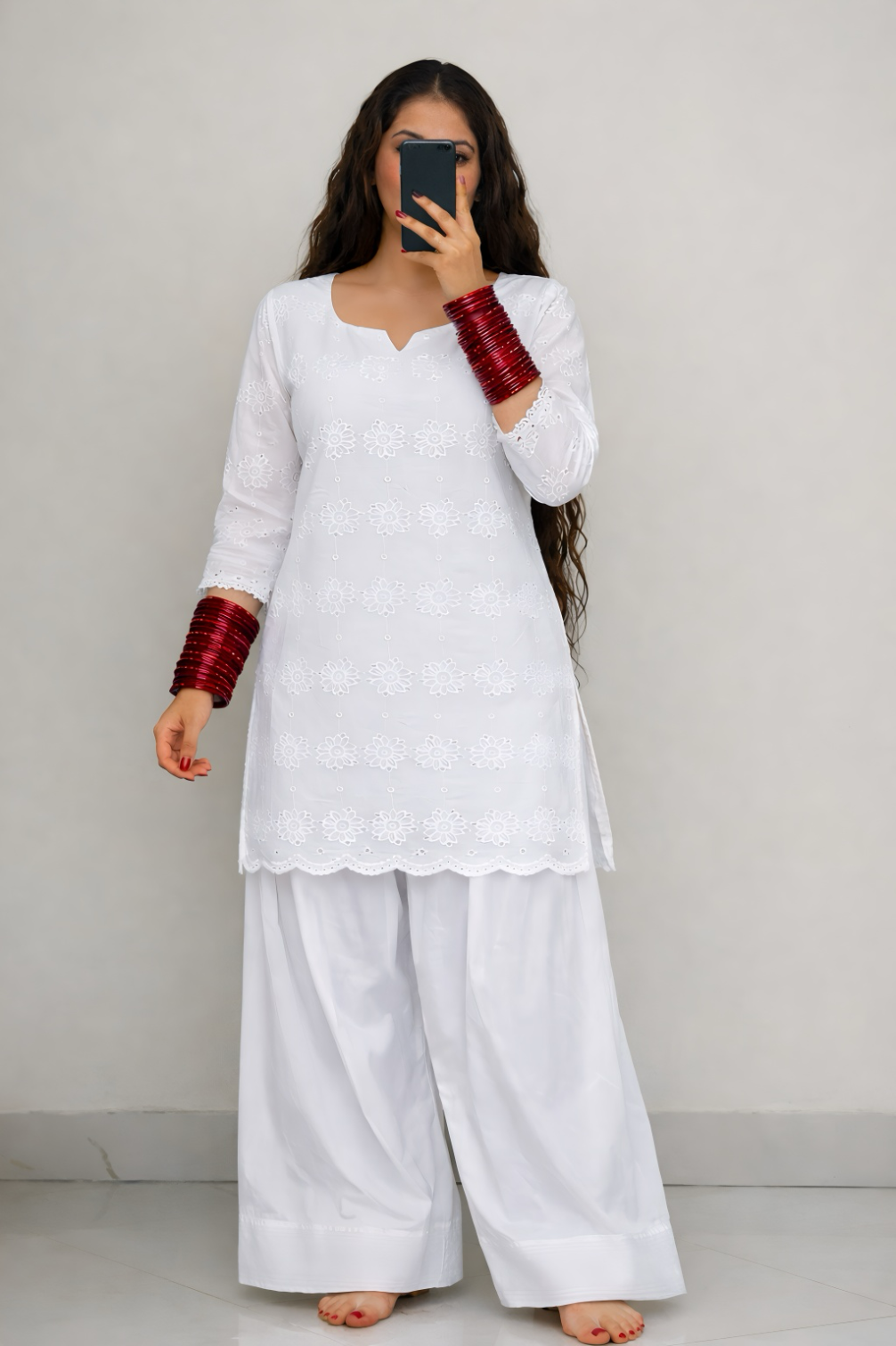 Trending White Chikankari Pure Cotton Kurta With Cotton Farshi Salwar