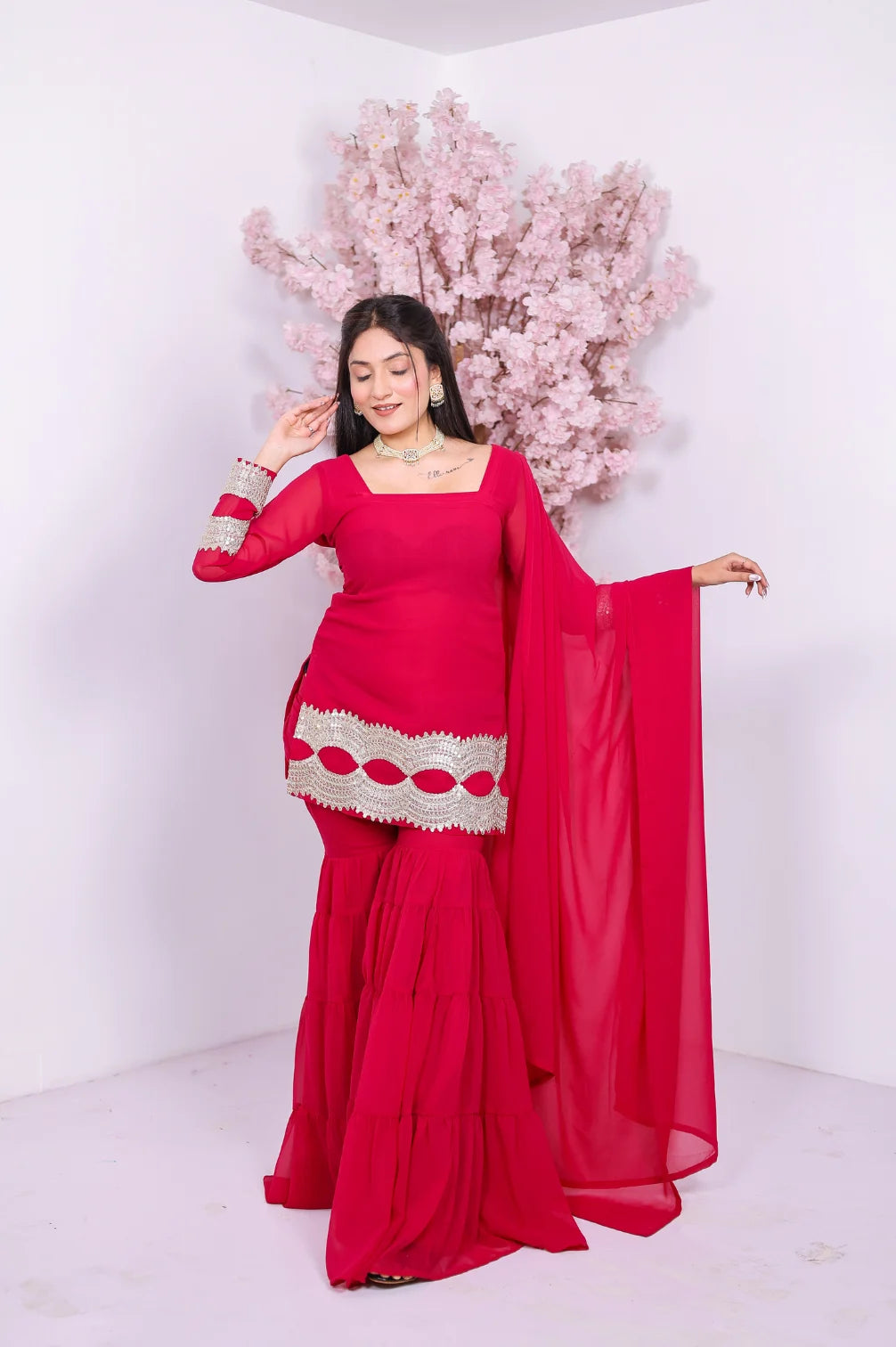 Dark Pink Heavy Flair Sarara Set With Short Kurti And Duppata