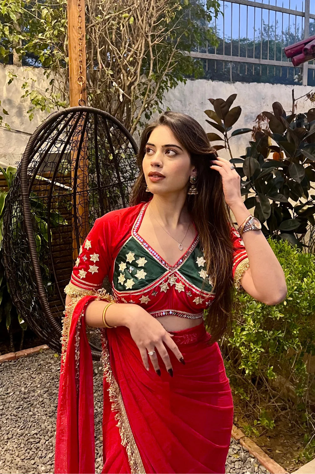 Rajasthani Aangi Blouse With Gotta Patti And Mirror Work (Red And Green)