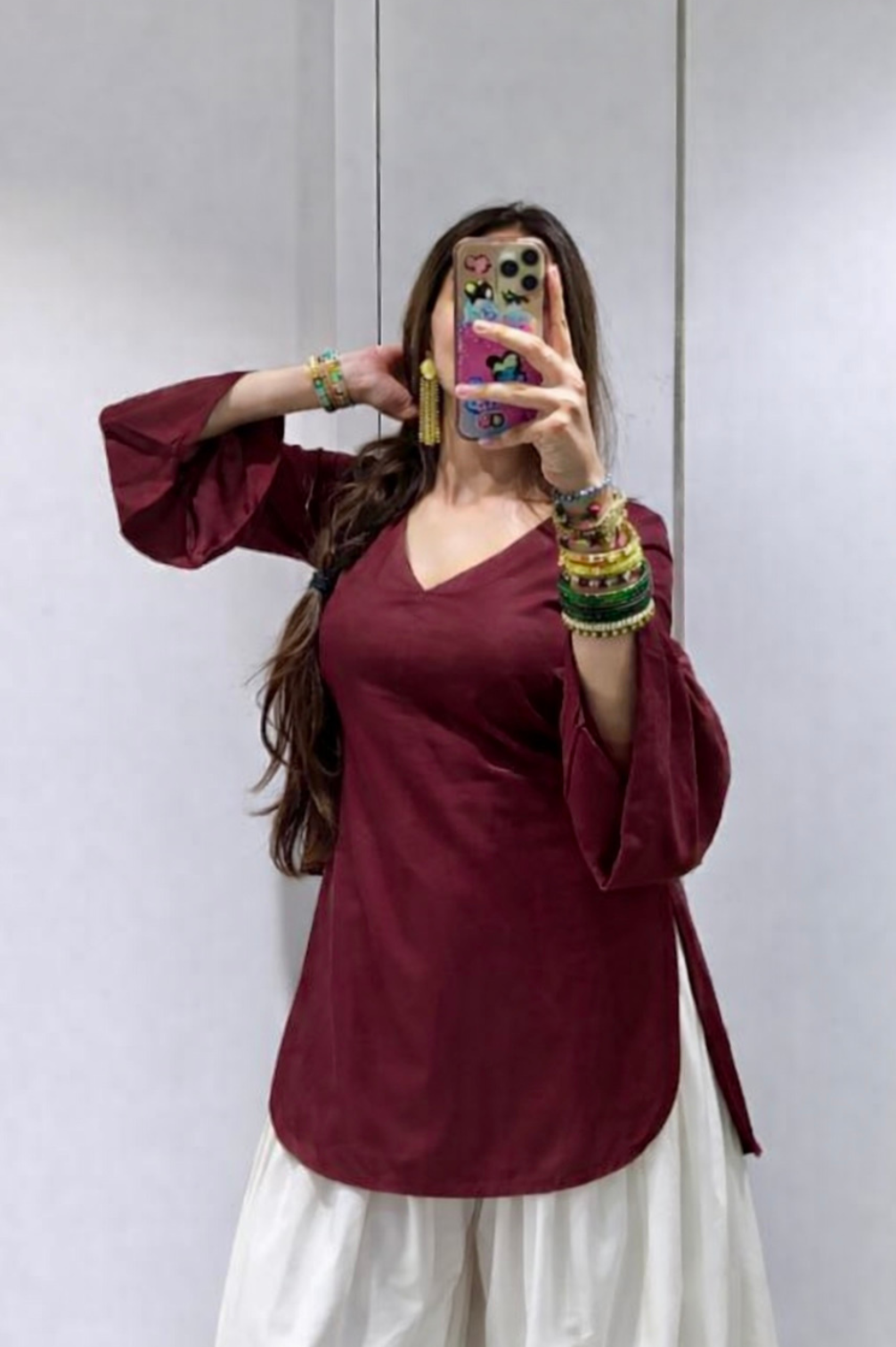Trending Dark Maroon V Neck Kurti with Bell sleeves
