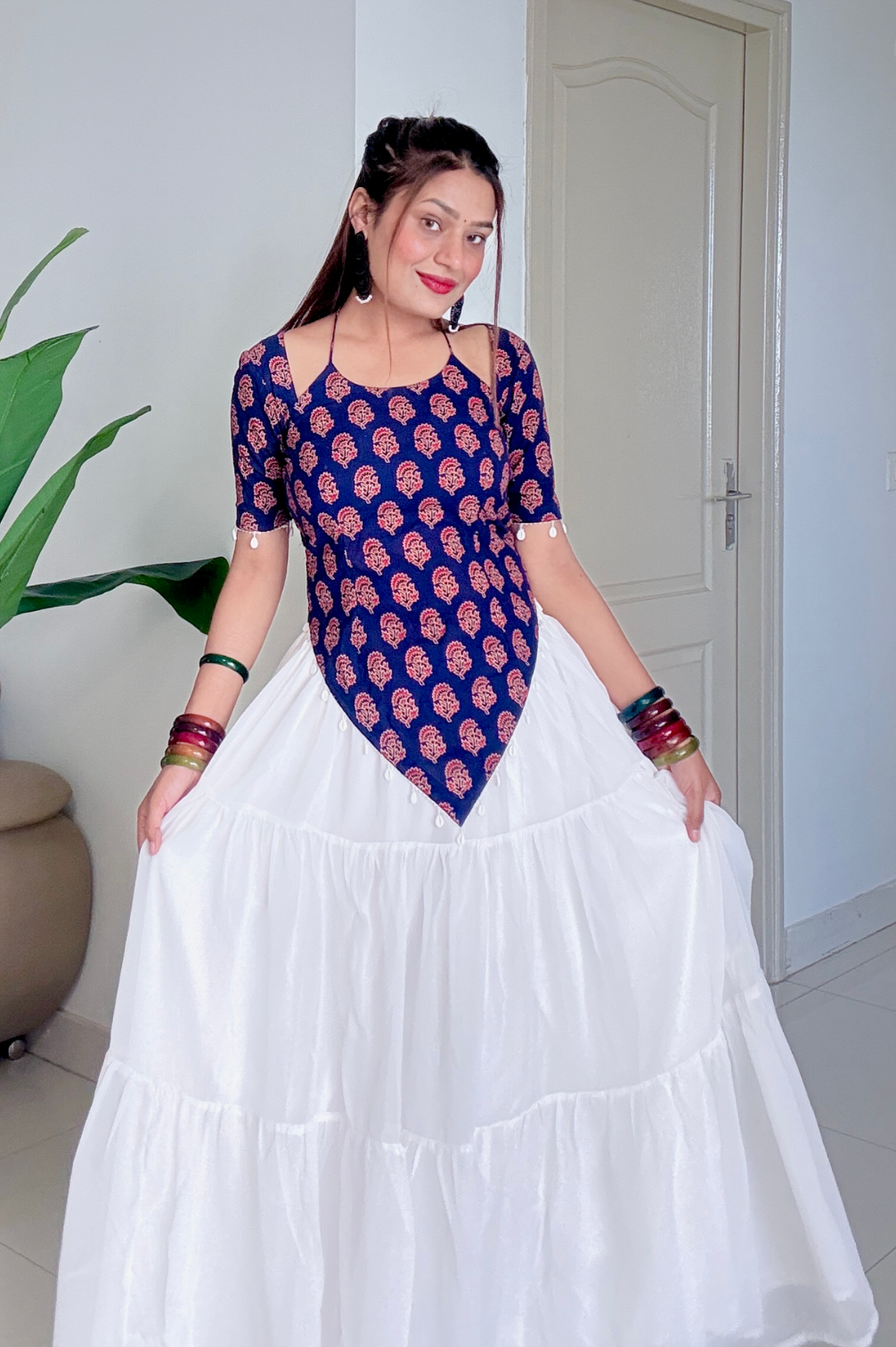Pure Cotton Hand Block Buti  Print (Ajrakh inspired) Halter Neck Kurti With Corset back and White Heavy Flair Skirt