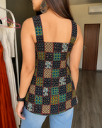 Wide-Neck Block Print Sleeveless Short Kurti