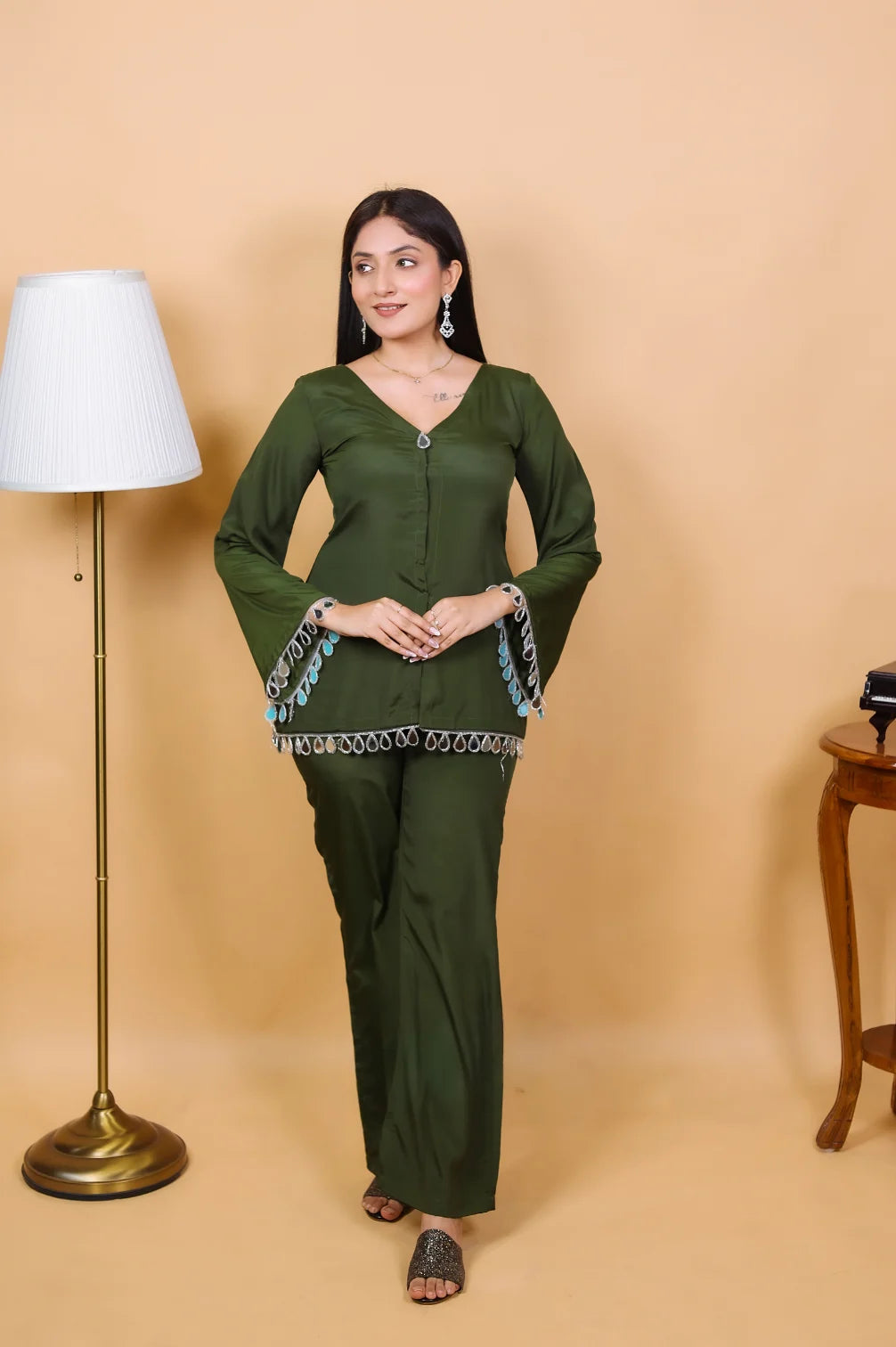Mehndi Green Natural Crape Co-ord Set Kurta With Palazzo Pant