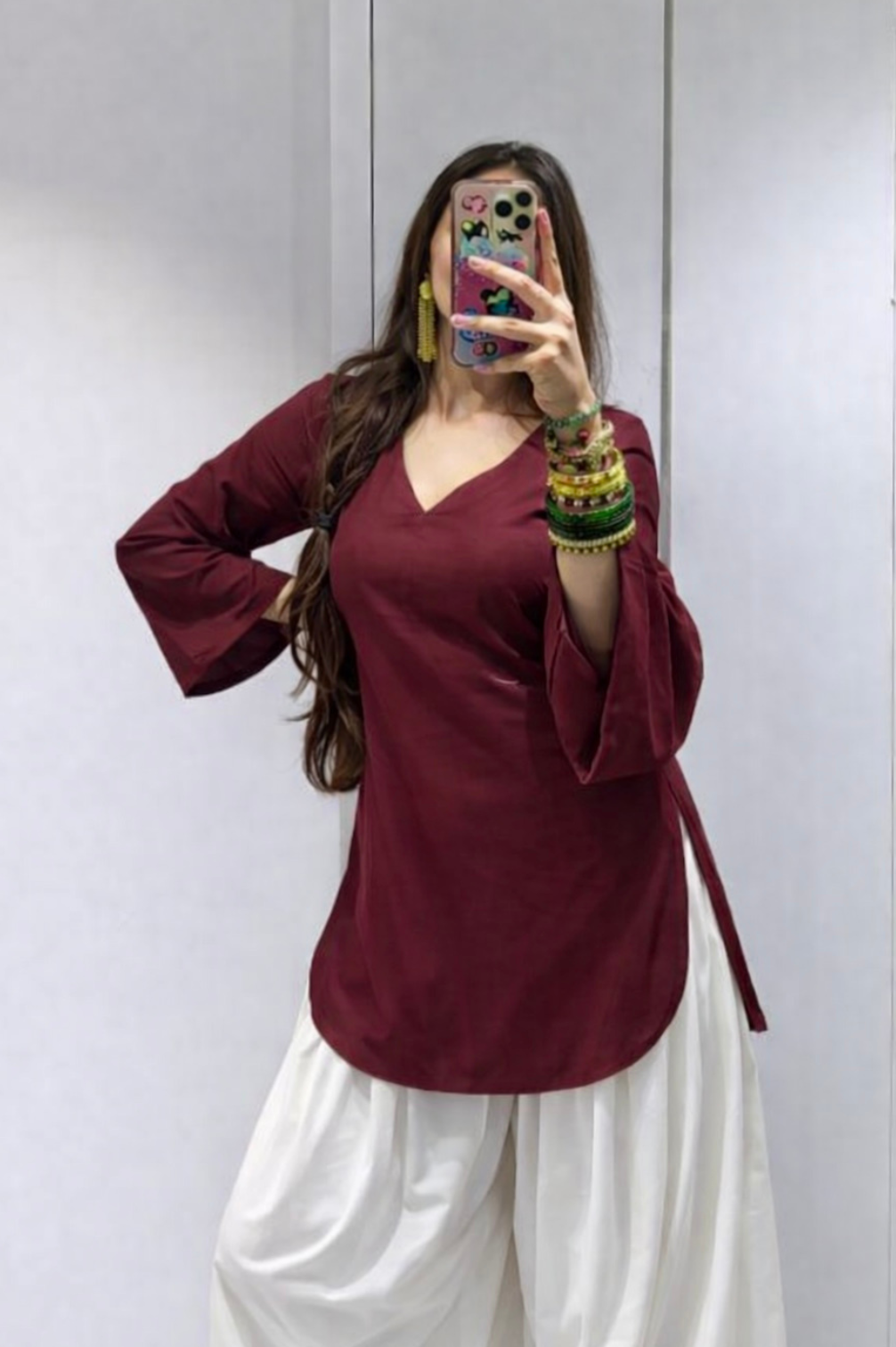Trending Dark Maroon V Neck Kurti with Bell sleeves