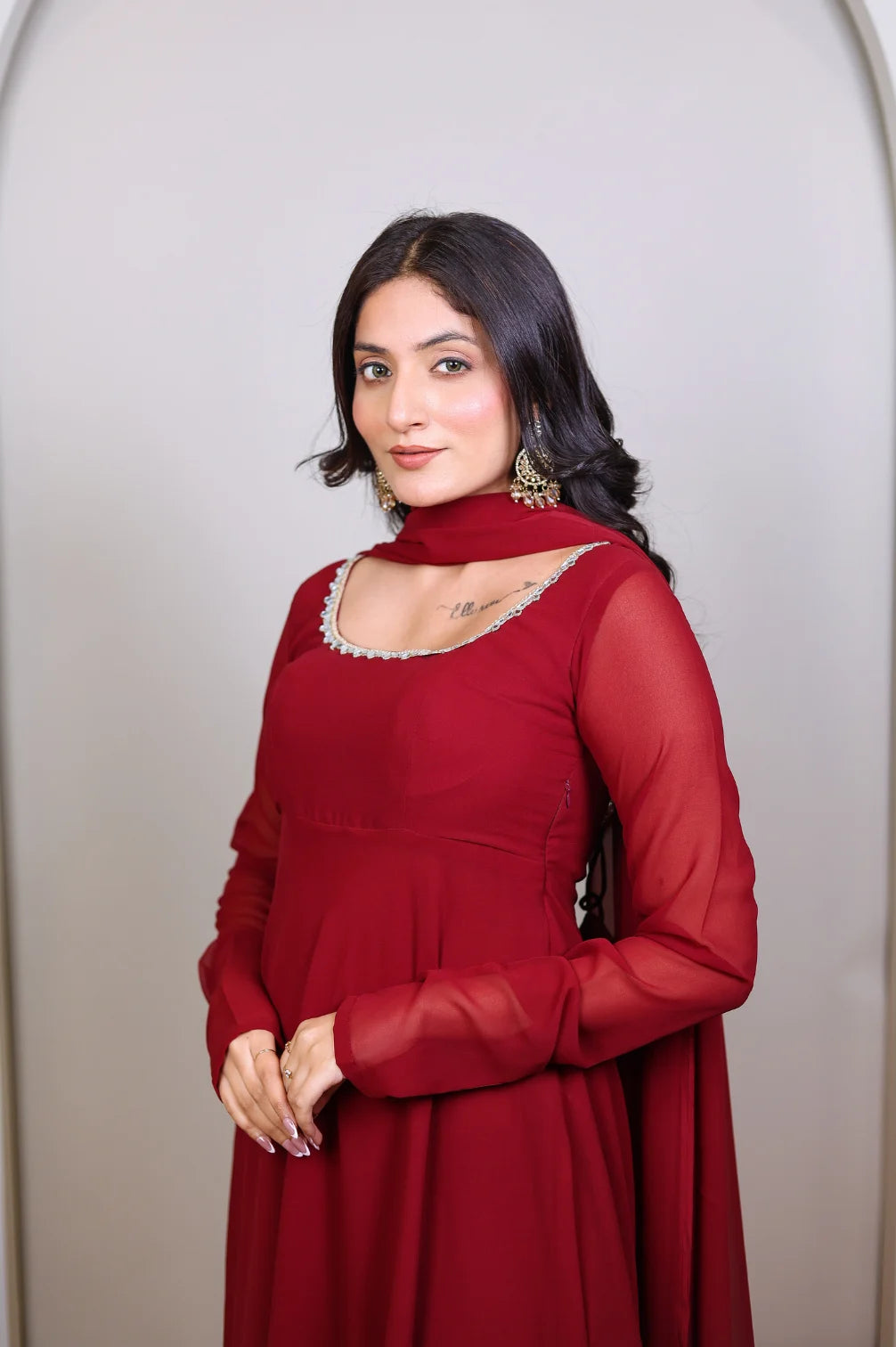 Red Anarkali With Pant And Dupatta