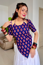 Pure Cotton Hand Block Buti  Print (Ajrakh inspired) Halter Neck Kurti With Corset back and White Heavy Flair Skirt