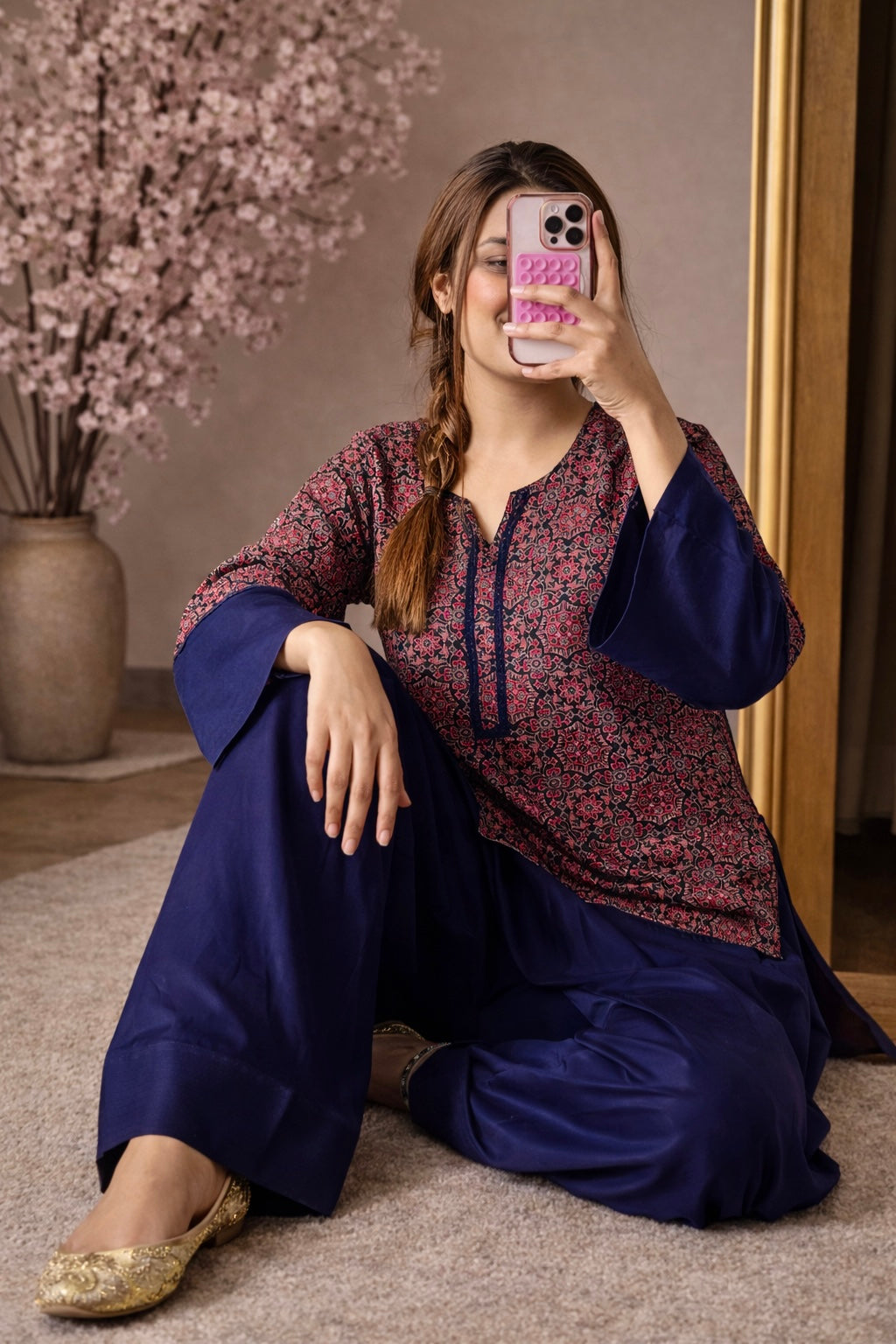 Pure Cotton Ajrakh (Hand Block)Print Navy Blue Kurta With Farshi Salwar