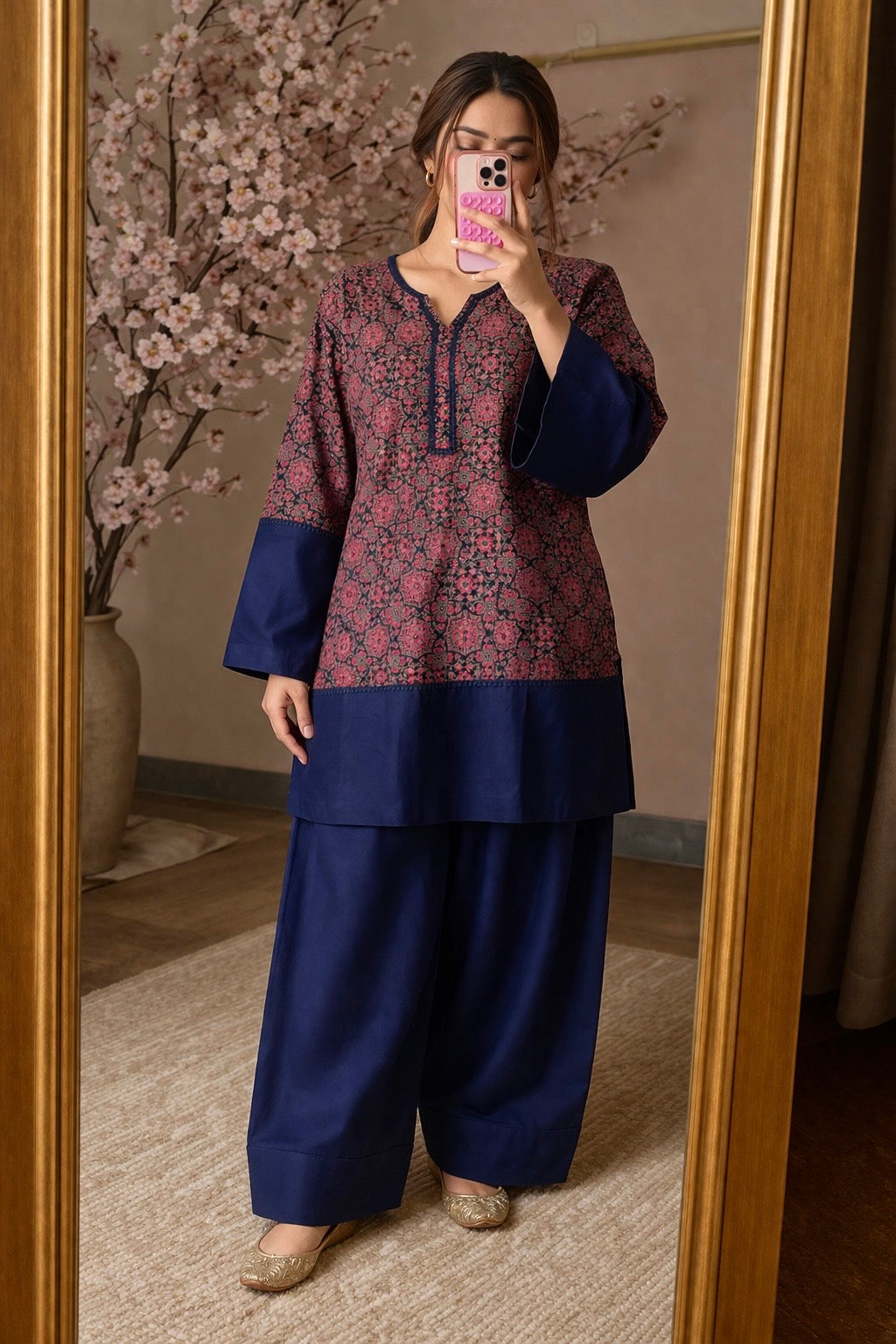 Pure Cotton Ajrakh (Hand Block)Print Navy Blue Kurta With Farshi Salwar
