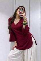 Trending Dark Maroon V Neck Kurti with Bell sleeves