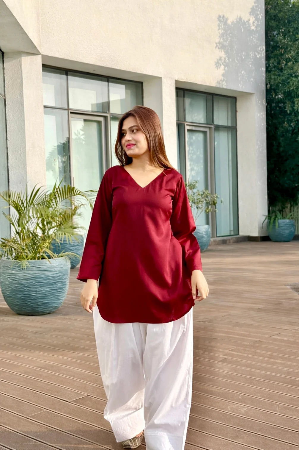 Maroon Rayon Kurta With White Cotton Farshi Salwar