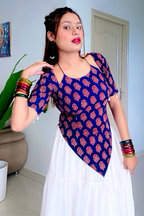 Pure Cotton Hand Block Buti  Print (Ajrakh inspired) Halter Neck Kurti With Corset back and White Heavy Flair Skirt