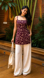 Burgundy Leaf Print Strap Kurti