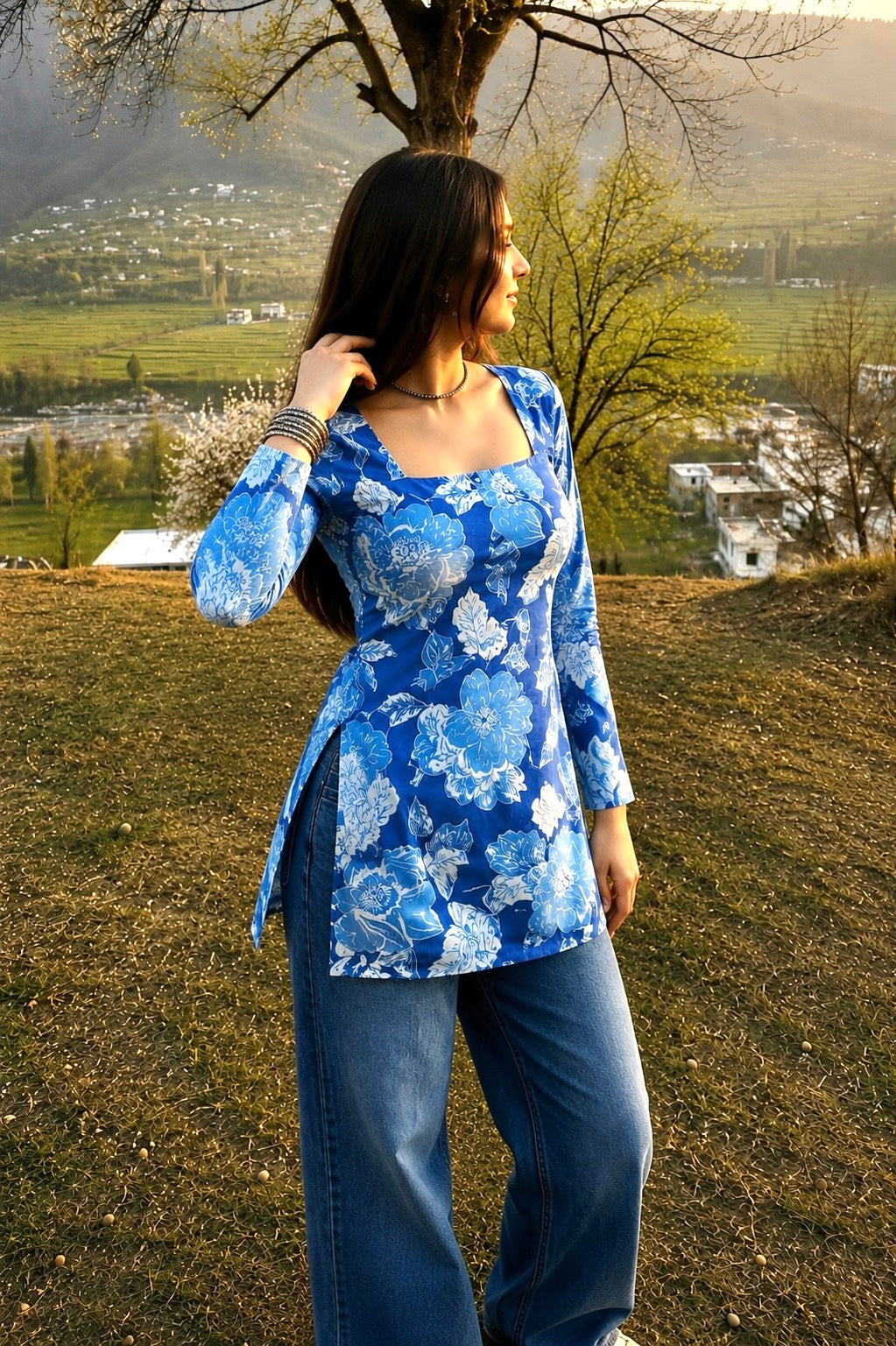 Blue Flower Print Full-Sleeve Short Kurti