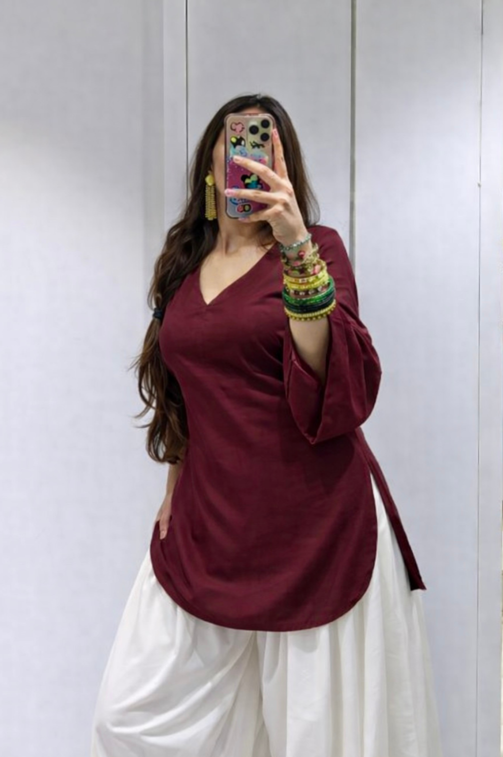 Trending Dark Maroon V Neck Kurti with Bell sleeves