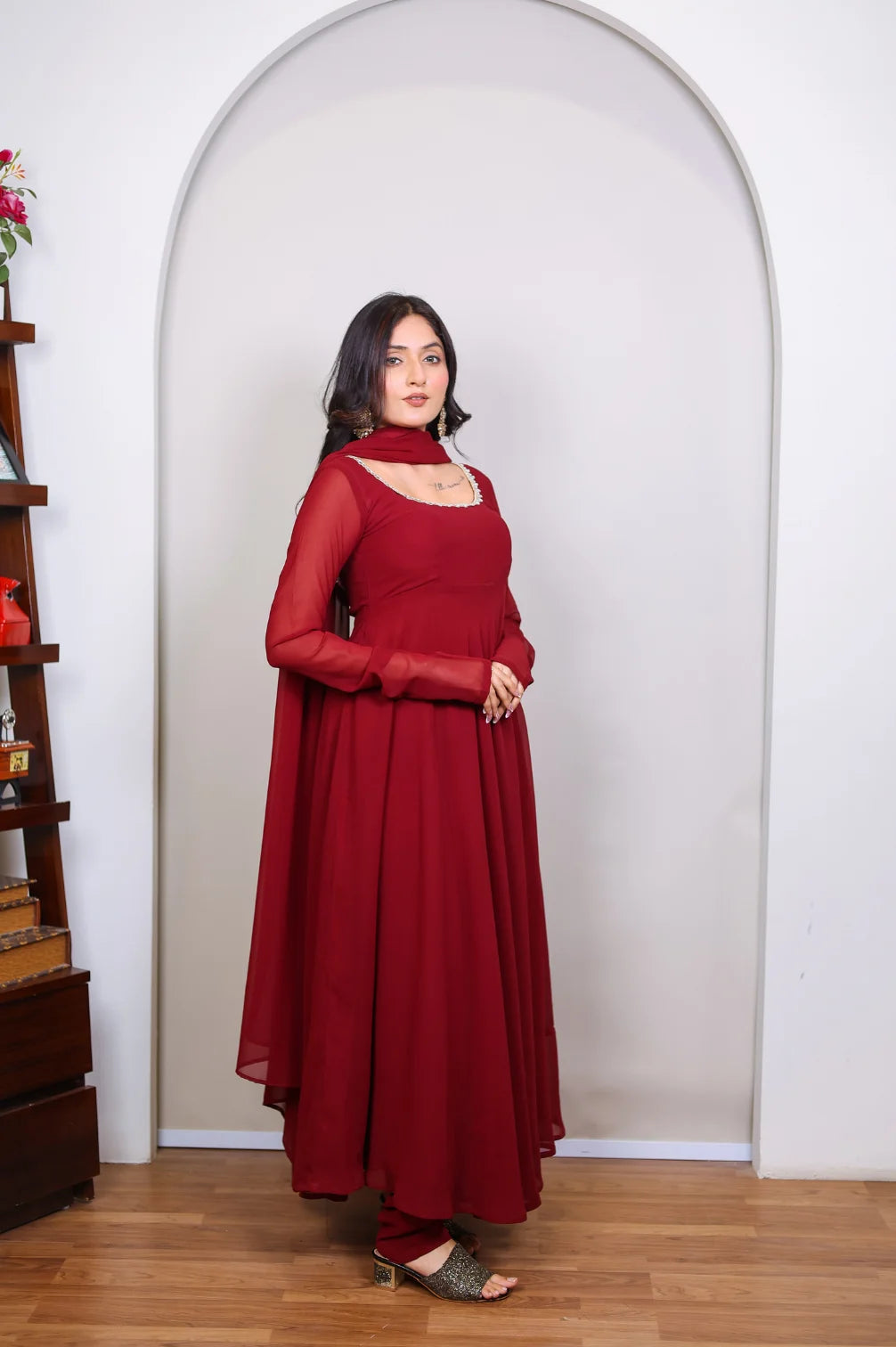 Red Anarkali With Pant And Dupatta
