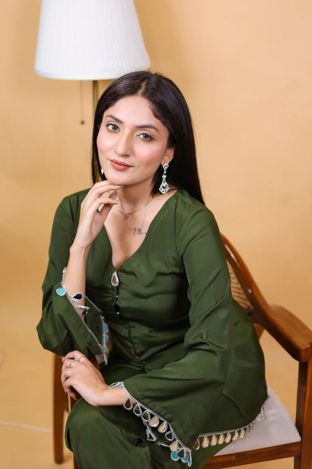 Mehndi Green Natural Crape Co-ord Set Kurta With Palazzo Pant