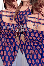 Pure Cotton Hand Block Buti  Print (Ajrakh inspired) Halter Neck Kurti With Corset back and White Heavy Flair Skirt