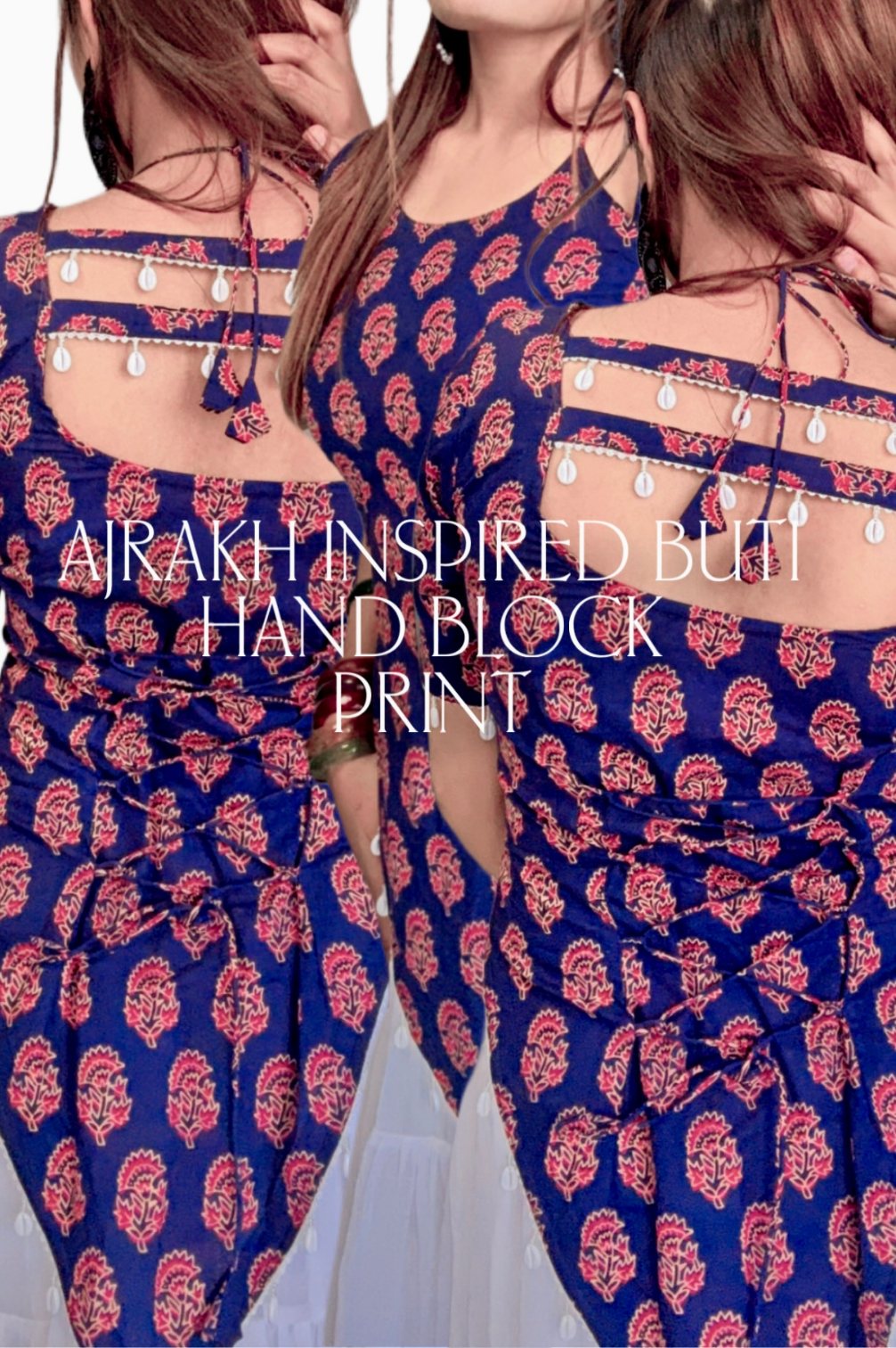 Pure Cotton Hand Block Buti  Print (Ajrakh inspired) Halter Neck Kurti With Corset back and White Heavy Flair Skirt