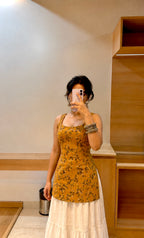 Mustard Leaf Print Sleeveless Kurti