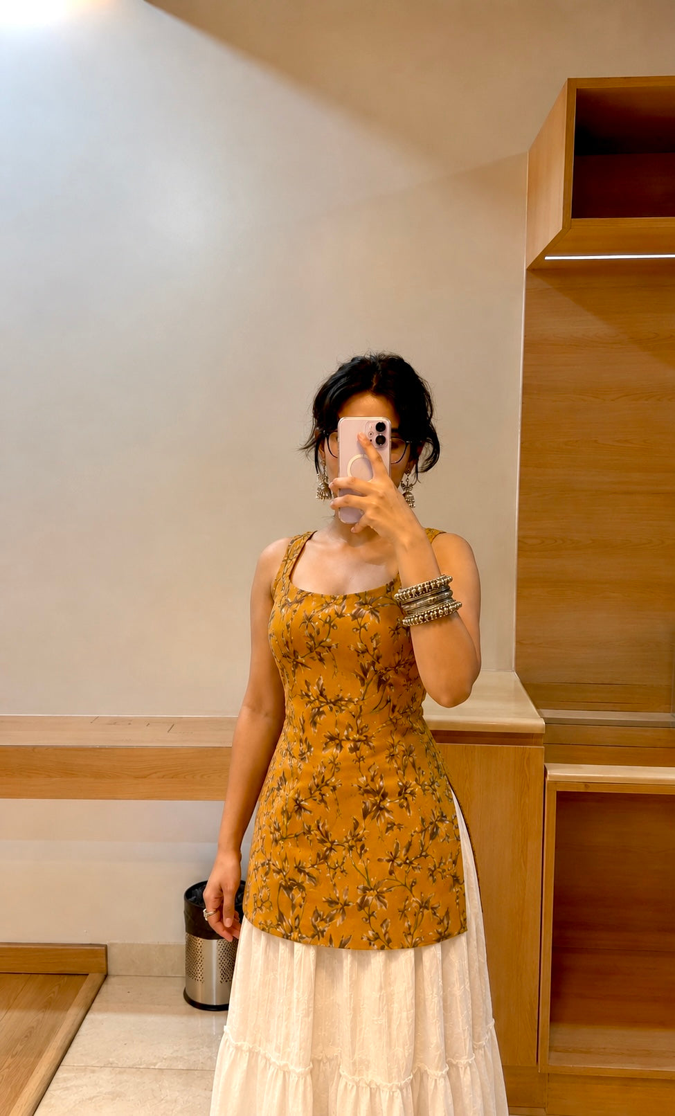 Mustard Leaf Print Sleeveless Kurti