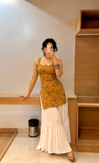 Mustard Leaf Print Sleeveless Kurti