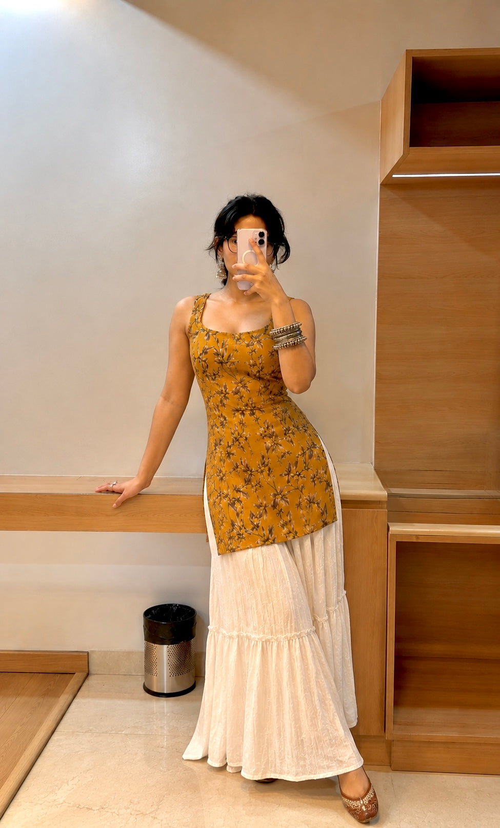 Mustard Leaf Print Sleeveless Kurti