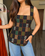 Wide-Neck Block Print Sleeveless Short Kurti