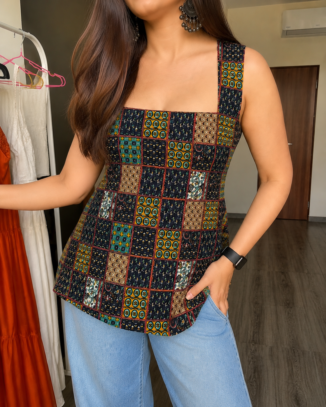 Wide-Neck Block Print Sleeveless Short Kurti