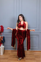 Fish Cut Maroon Velvet Lehenga With Dupatta