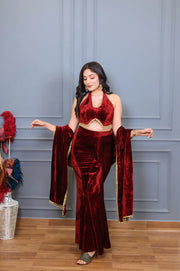 Fish Cut Maroon Velvet Lehenga With Dupatta