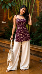 Burgundy Leaf Print Strap Kurti