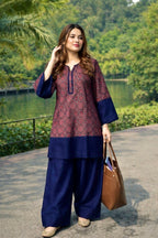 Pure Cotton Ajrakh (Hand Block)Print Navy Blue Kurta With Farshi Salwar