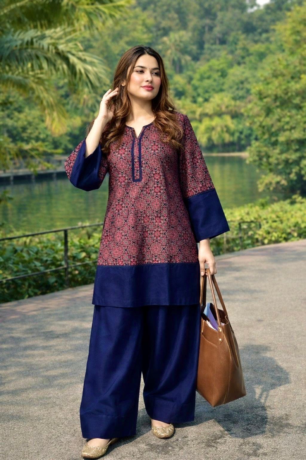 Pure Cotton Ajrakh (Hand Block)Print Navy Blue Kurta With Farshi Salwar