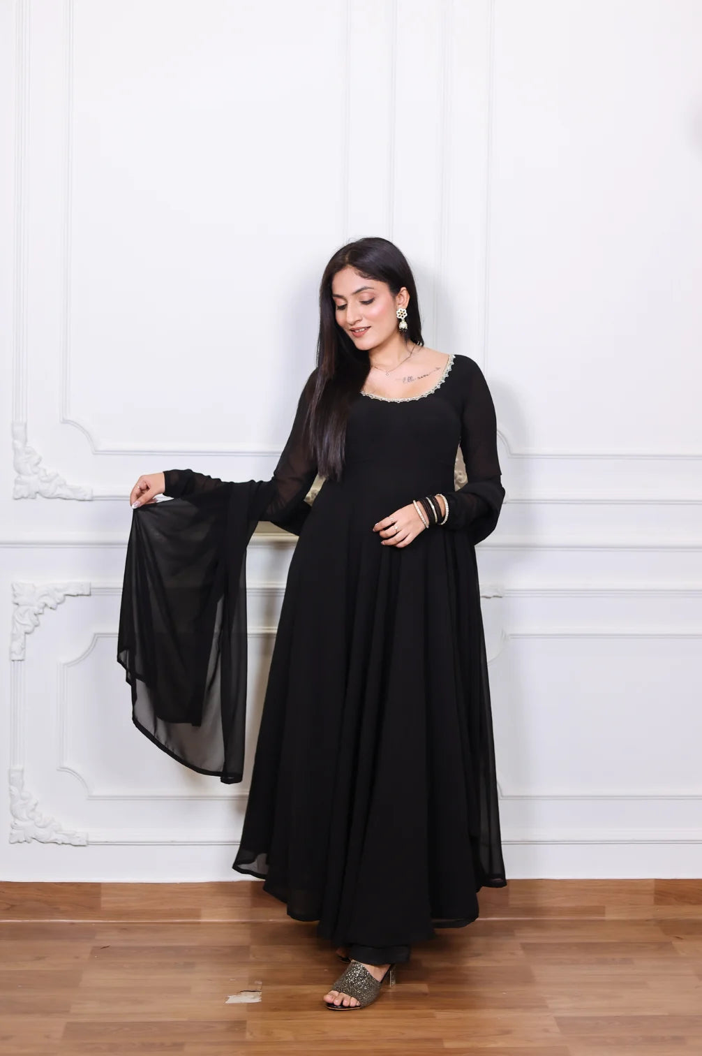 Black Anarkali With Pant And Dupatta