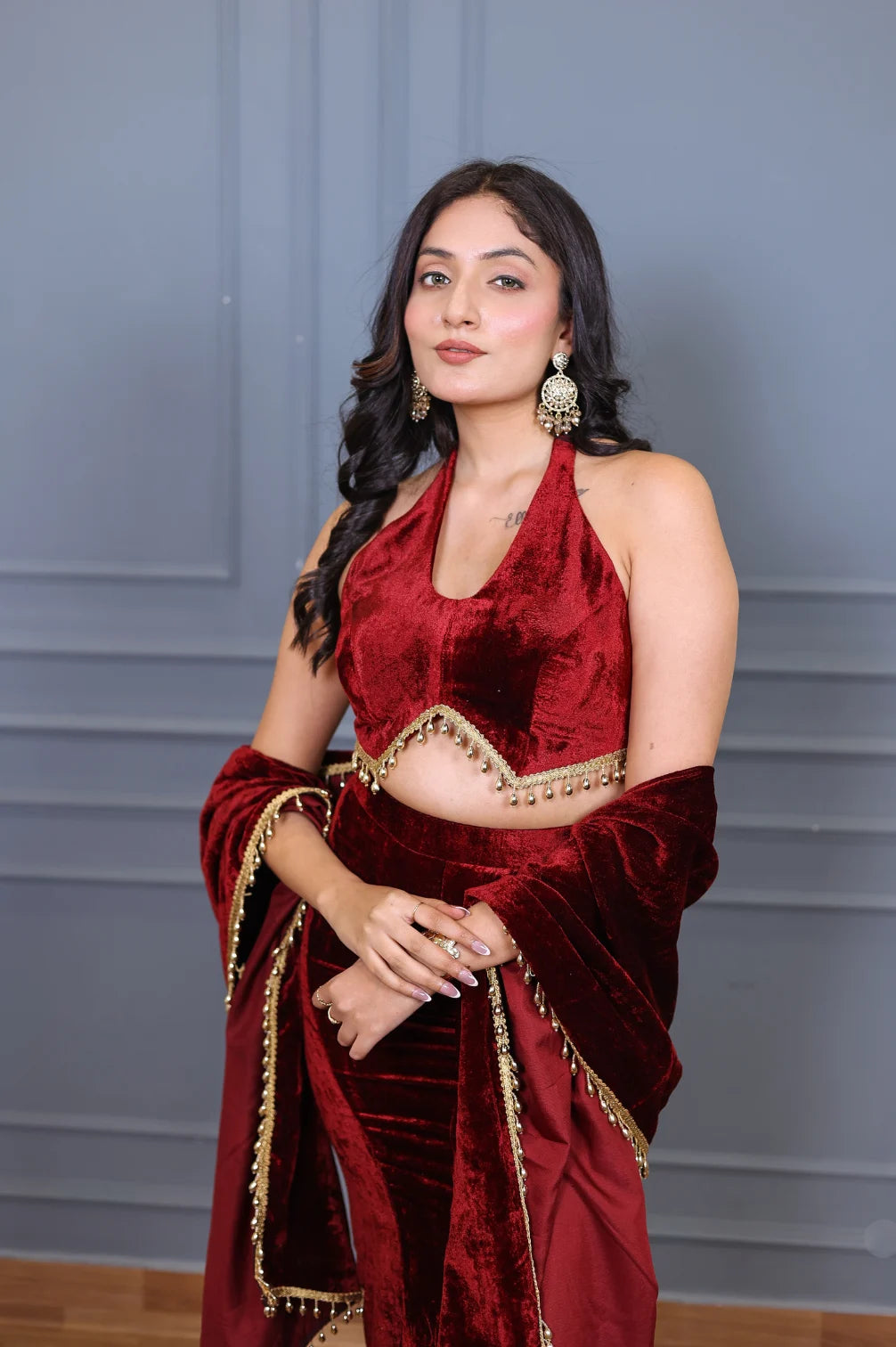 Fish Cut Maroon Velvet Lehenga With Dupatta