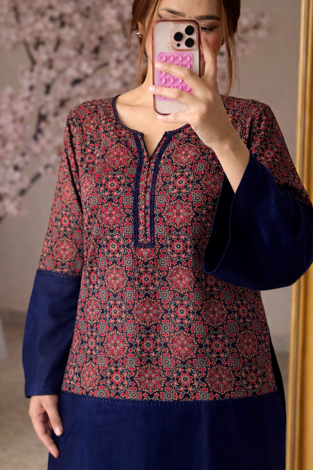 Pure Cotton Ajrakh (Hand Block)Print Navy Blue Kurta With Farshi Salwar