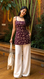Burgundy Leaf Print Strap Kurti