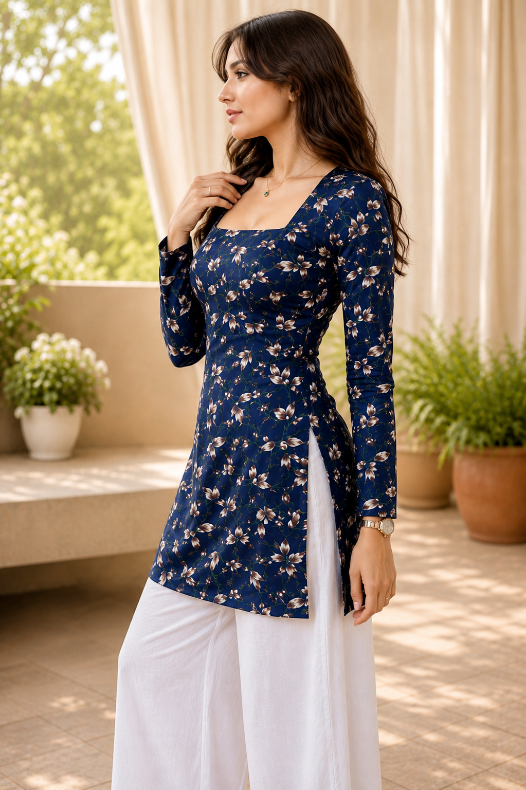 Navy Blue Full-Sleeve Leaf Print Kurti