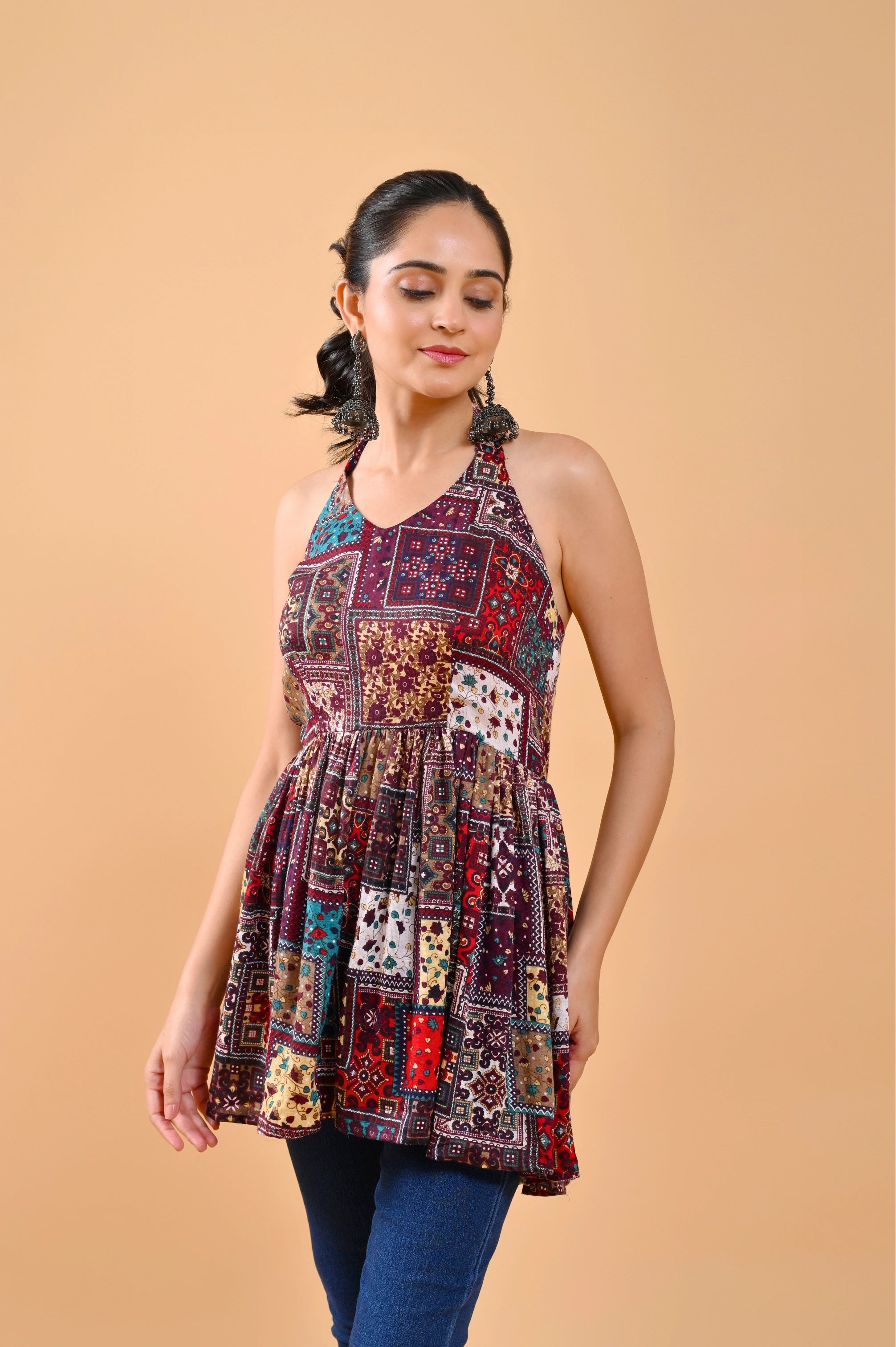 Bow Style Short Kurti Wine Pink