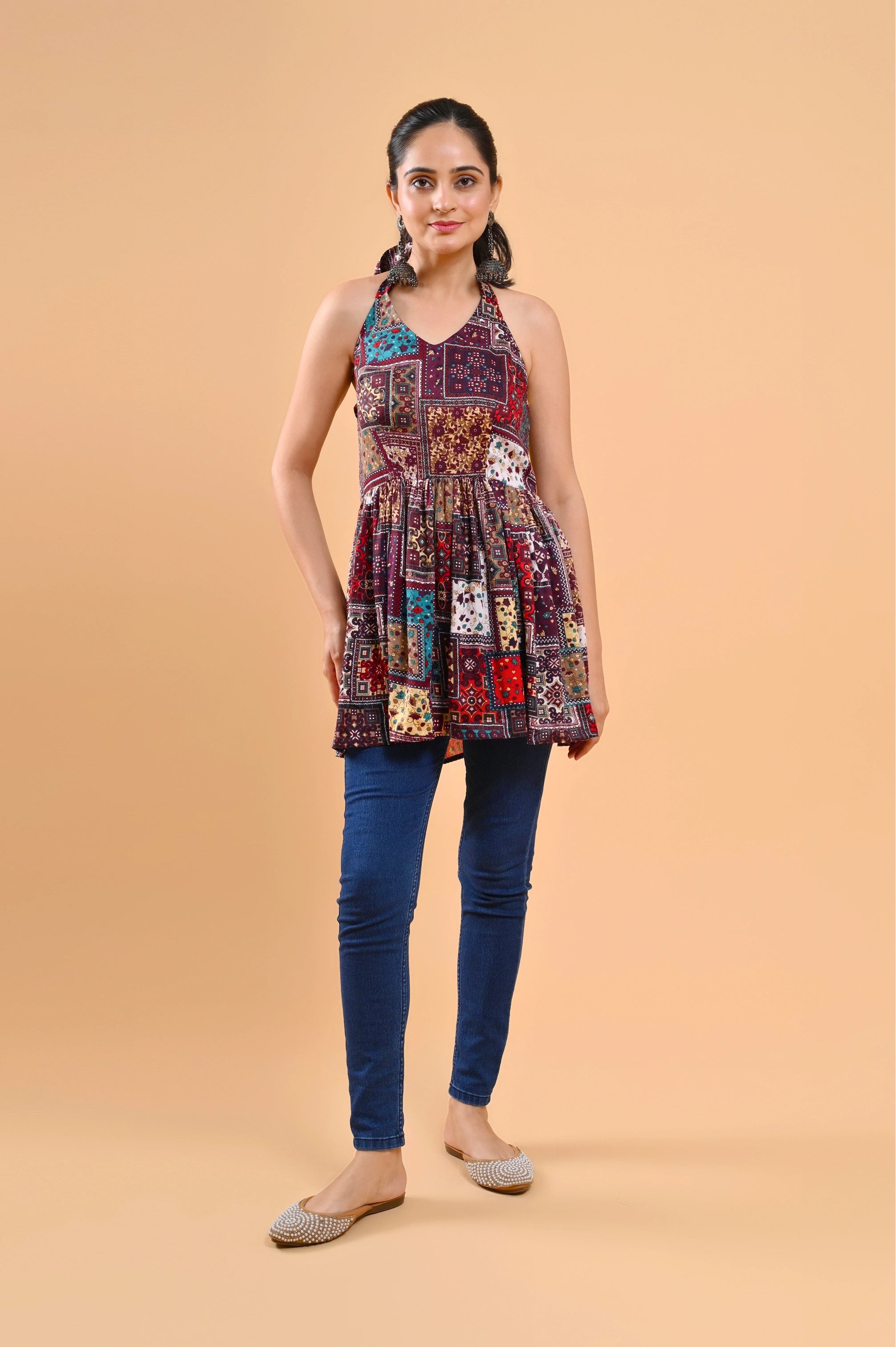 Bow Style Short Kurti Wine Pink