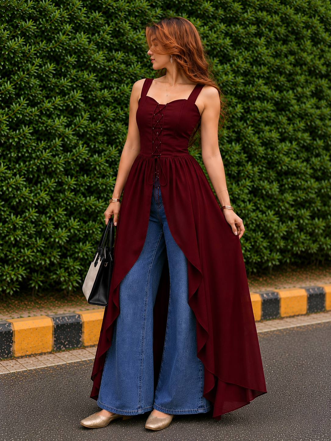 Trending Solid Lace-Up Corset Overlay Kurti with corset back and front