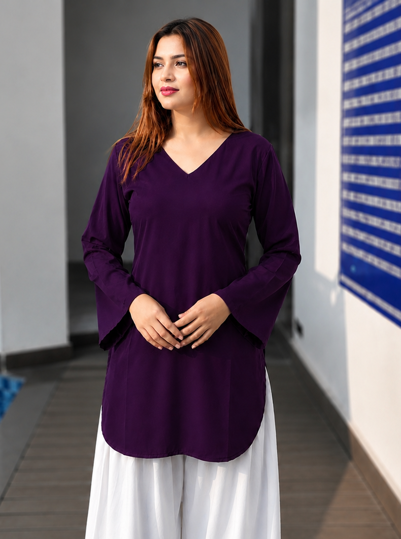Pure Crepe Bell Sleeves Kurti - Purple