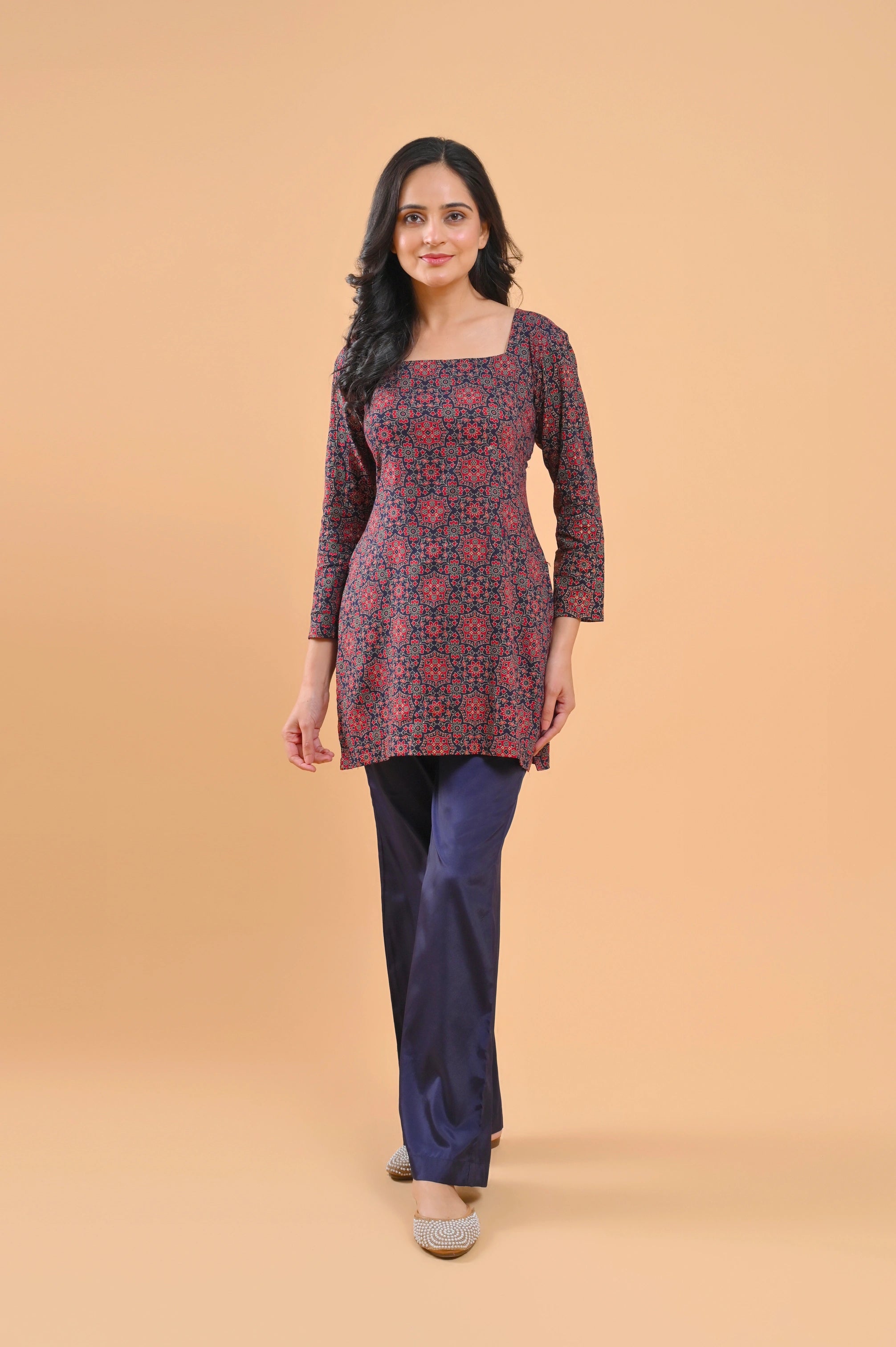 Cotton Print Kurti With Sleeves Navy Blue